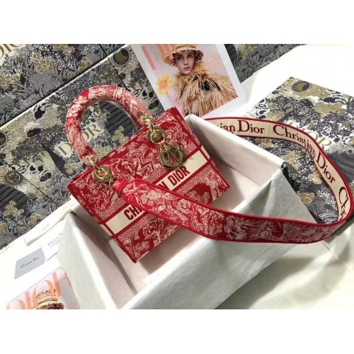 BORSA D-LITE MEDIUM LADY Dior Denim ricamato fiori M0565OJA Rosso