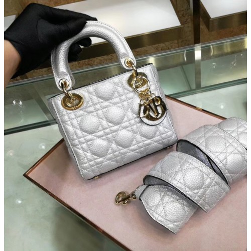 Dior BORSA MINI LADY DIOR IN VITELLO M0573 Bianco argentato