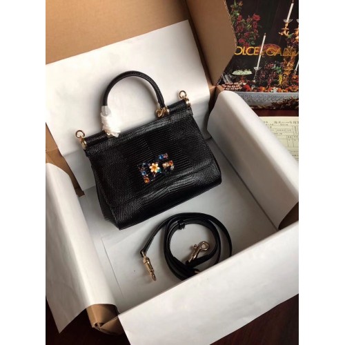 Dolce Gabbana Origianl Borsa Logo Fiore In Pelle Di Lucertola BB4137 Nera