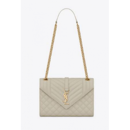 SAINT LAURENT BORSA ENVELOPE MEDIA IN MIX MATELASSe PELLE STAMPA GRAIN DE POUDRE 600185 BLANC VINTAGE&GOLD