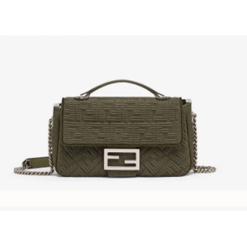 Borsa FENDI MIDI BAGUETTE CHAIN FF in tessuto 8BR793 Verde