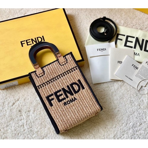 FENDI Borsa mini Sunshine Shopper FF in rafia 8BS051A nera
