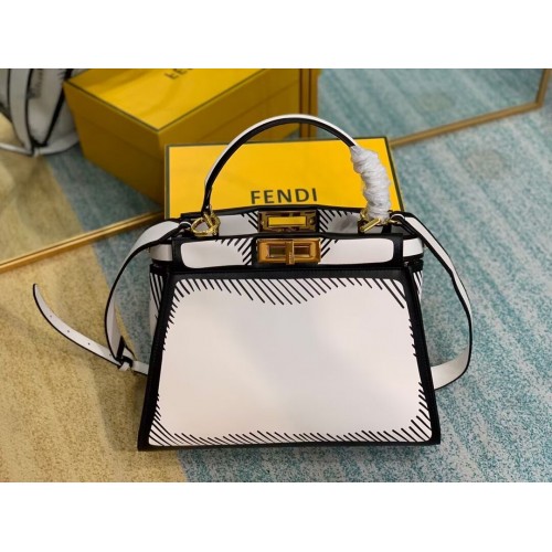 FENDI PEEKABOO ISEEU Borsa Media in Pelle Originale F1617 Bianco Nero