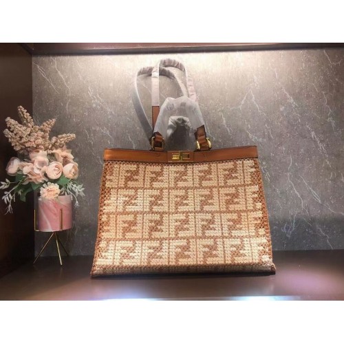FENDI PEEKABOO X-TOTE FF borsa in rafia 8BH374A marrone chiaro