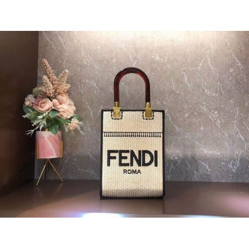 FENDI SUNSHINE SHOPPER Borsa media in paglia intrecciata F1620 beige