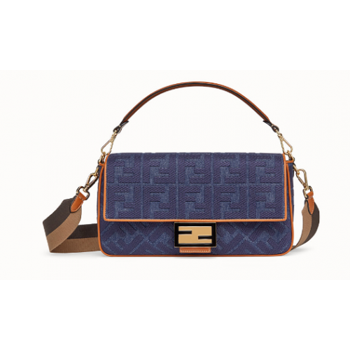 Fendi BAGUETTE LARGE Borsa in denim blu BR771A9