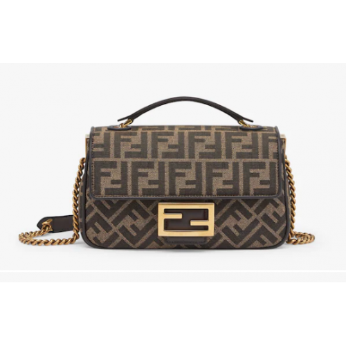 Borsa Fendi Baguette Chain Midi FF in tessuto jacquard 8BR793A marrone