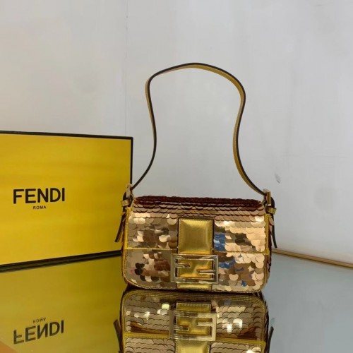 Borsa Fendi FF Baguette mini in metallo dorato con ricamo di paillettes 2016 Oro