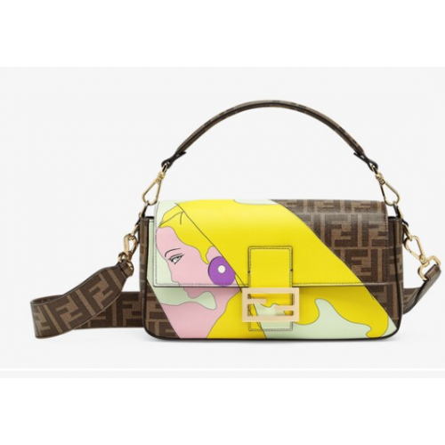 Borsa Fendi FF in tessuto satinato con intarsio Baguette 8BR600A brown&yellow