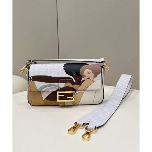 Borsa Fendi FF in tessuto satinato con intarsio Baguette 8BR600A bianco