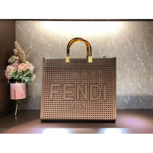 Fendi Sunshine Medium Shopper in pelle traforata bicolore 8BH386A Caffè