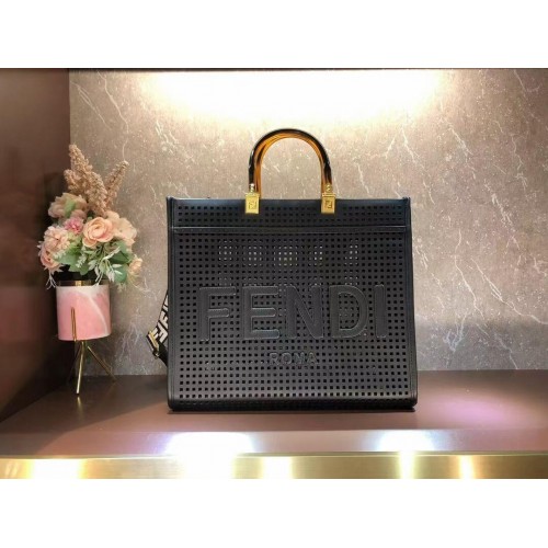 Fendi Sunshine Medium Shopper bicolore in pelle traforata 8BH386A nera
