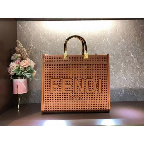 Fendi Sunshine Medium Shopper in pelle traforata bicolore 8BH386A marrone