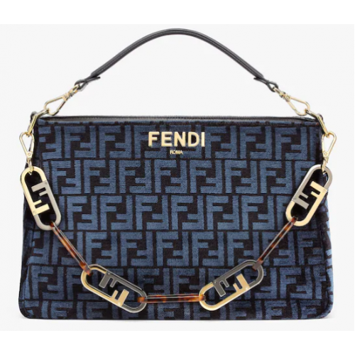 Fendi O Lock Zipper Borsa in tessuto tapestry blu scuro 8BR805A
