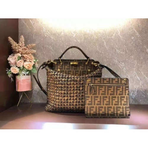 Fendi PEEKABOO X-LITE LARGE Borsa in cotone marrone 8BN304A