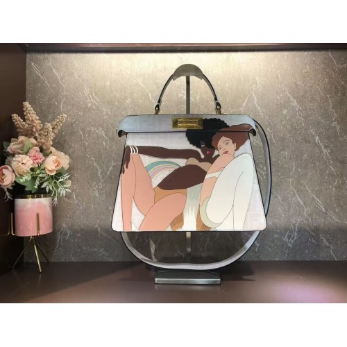 Borsa Fendi Peekaboo ISeeU FF in seta stampata F1983 bianca