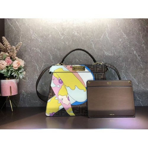 Borsa Fendi Peekaboo ISeeU FF in seta stampata F1983 marrone