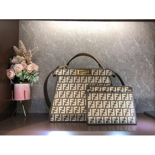 Borsa in tessuto arazzo Fendi Peekaboo ISeeU FF F1982 Khaki