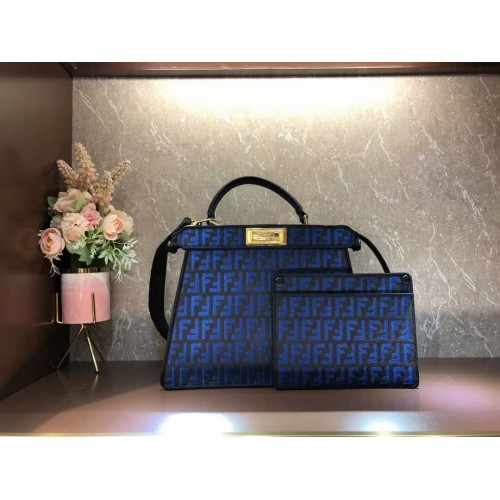 Borsa Fendi Peekaboo ISeeU FF in tessuto tapestry F1982 blu