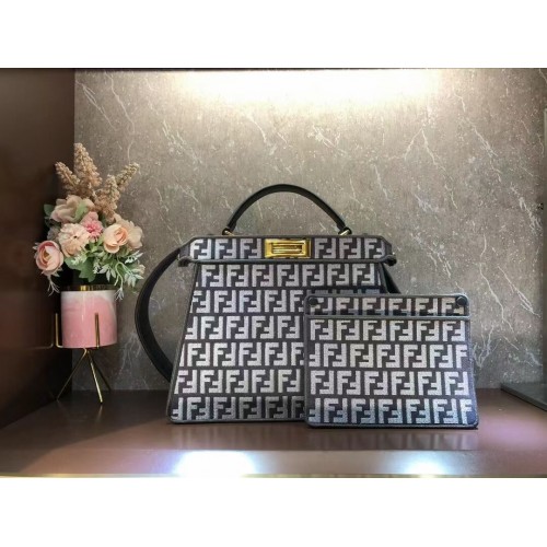 Fendi Peekaboo ISeeU Borsa in tessuto FF tapestry tortora F1982 Grey