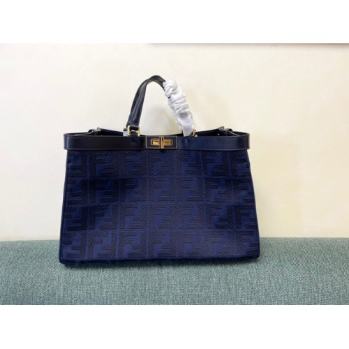 Shopper Fendi X-Tote in lana pied de poule con ricamo FF 8BH374A blu scuro