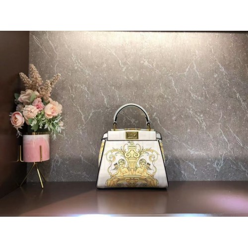 Borsa a mano Fendi mini Peekaboo in seta stampata F1952 Beige