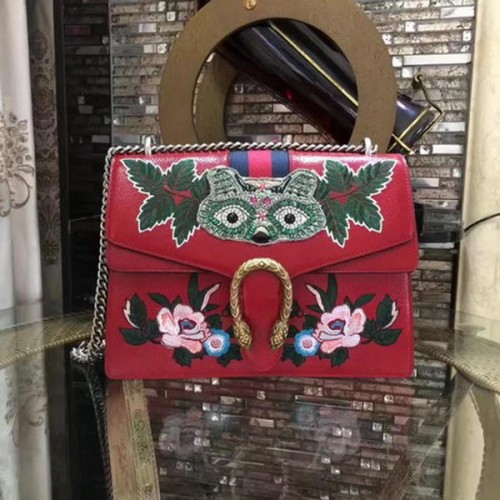 Borsa a tracolla ricamata Gucci Dionysus 400235 rossa