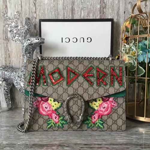 Borsa a tracolla ricamata Gucci Dionysus 400249 in pelle scamosciata verde