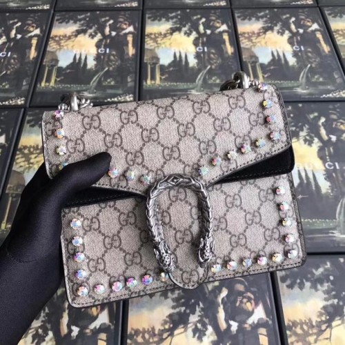 Mini borsa Gucci Dionysus GG Supreme in tela di cristallo 421970 nera