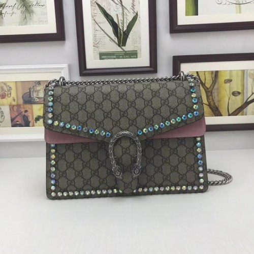 Borsa a spalla Gucci Dionysus GG media in cristallo 403348 rosa