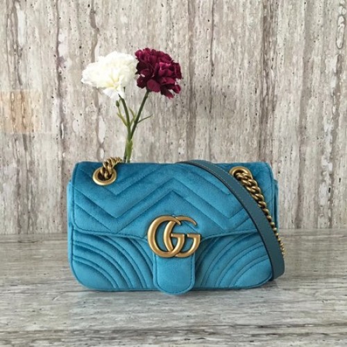 Mini borsa in velluto Gucci GG Marmont Chevron 446744 blu