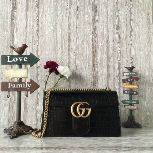 Borsa a tracolla in pelle di coccodrillo Gucci GG Marmont 431777 nera
