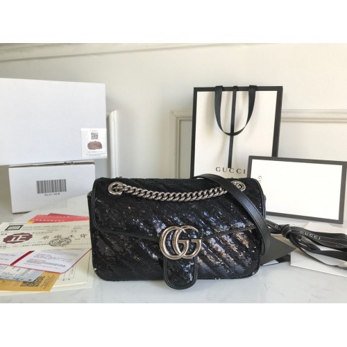Borsa a tracolla piccola Gucci GG Marmont Sequin Mormont 443497 nera
