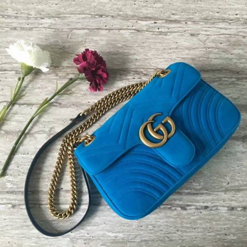 Borsa a tracolla media in pelle scamosciata Gucci GG Marmont 443497 blu