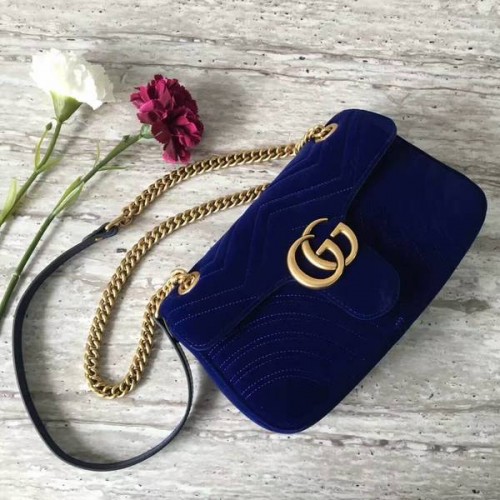 Borsa a tracolla media in pelle scamosciata Gucci GG Marmont 443497 blu scuro