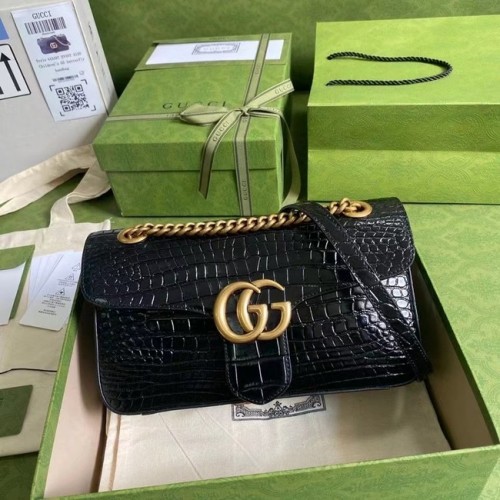 Borsa a tracolla piccola in coccodrillo Gucci GG Marmont 443497 nera