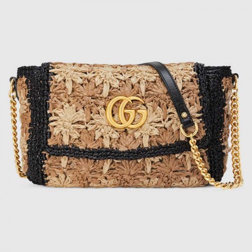 Borsa a tracolla piccola in rafia Gucci GG Marmont 574433 Nera