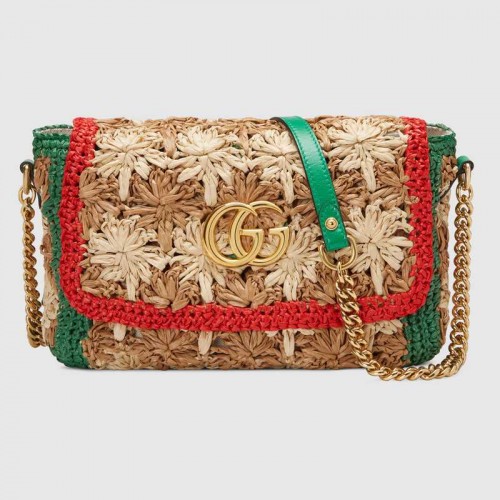 Borsa a tracolla piccola in rafia Gucci GG Marmont 574433 Rossa e verde