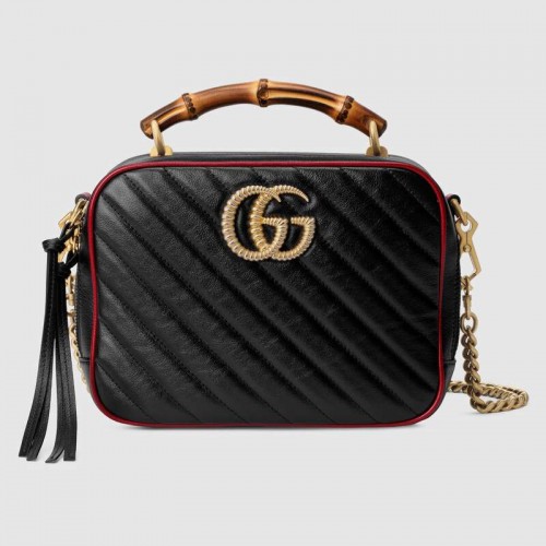Borsa a tracolla piccola in bambù serie Gucci GG Marmont 602270 nera