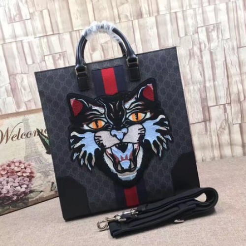 Gucci GG Supreme Tote con gatto arrabbiato ricamato 478326 nero