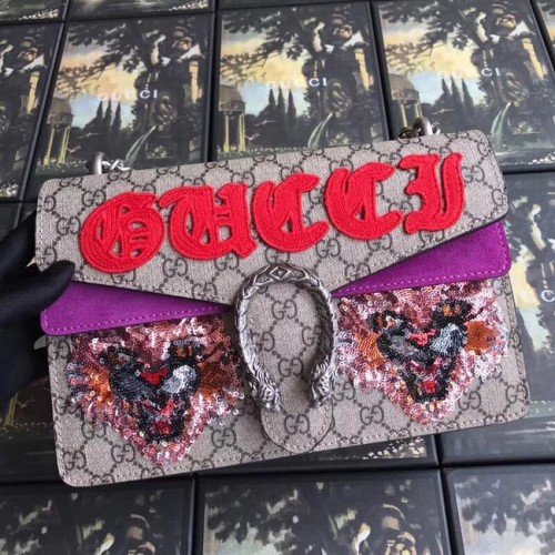 Borsa a tracolla piccola Gucci GG Supreme canvas Dionysus 400249 viola
