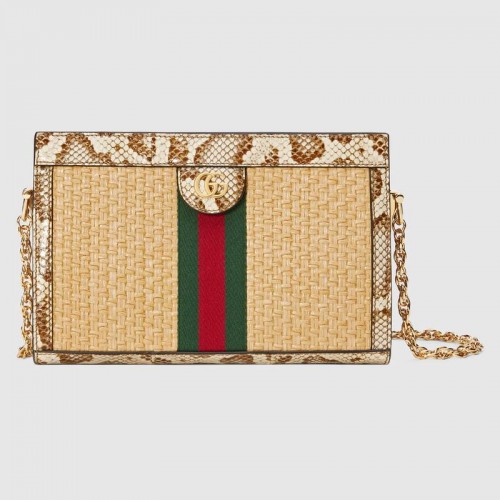 Borsa a spalla Gucci Ophidia piccola in paglia 503877 Panna