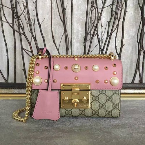 Borsa a tracolla in pelle con borchie Gucci Padlock 432182A Rosa