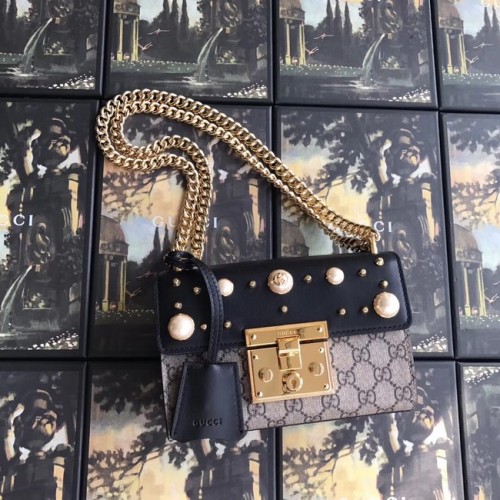 Borsa a spalla Gucci Padlock piccola GG Pearl A409487 nera