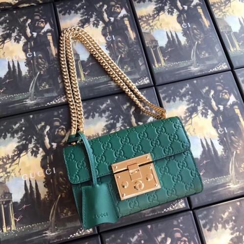 Borsa a spalla piccola GG Gucci Padlock 409487 verde