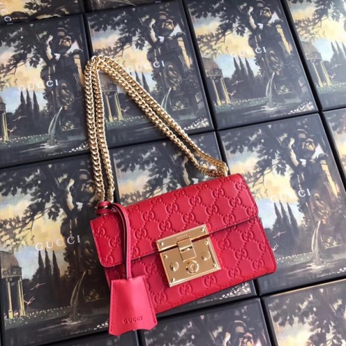 Borsa a spalla piccola GG Gucci Padlock 409487 rossa
