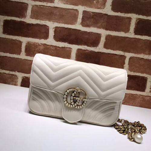 Borsa a tracolla in pelle originale Gucci Pearl GG Marmont piccola Matelasse 443497 bianca