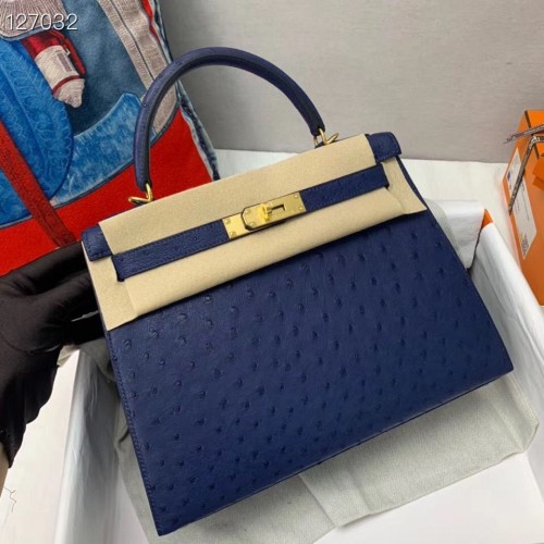 Hermes Kelly Bag Pelle di struzzo originale in pelle H5600 blu scuro