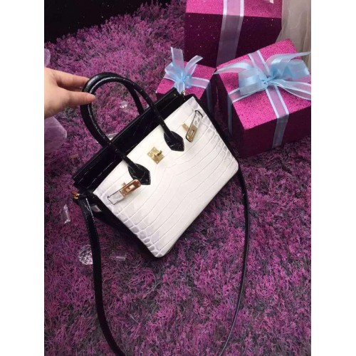 Borsa a tracolla Hermes Birkin 25CM in pelle di coccodrillo bianco e nero H25 oro