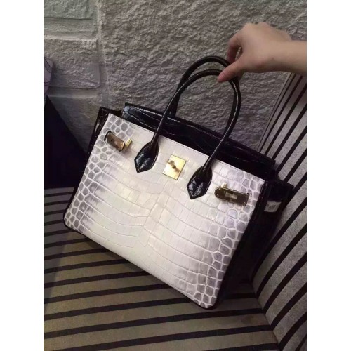 Borsa a tracolla Hermes Birkin 30CM in pelle di coccodrillo bianco e nero H30 oro